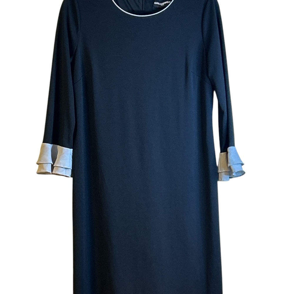 Karl Lagerfeld Paris Black Sheath Dress with Ruffled Gray Sleeves